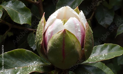 Wallpaper Mural Magnolia blossom emerging from green leaves in a natural setting   Torontodigital.ca