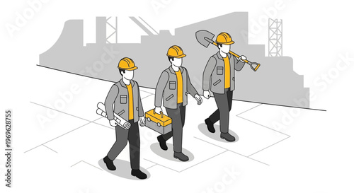 Three construction workers walking together on a site.