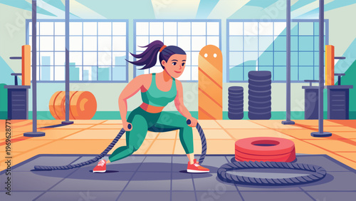 Woman exercises with battle ropes in fitness gym during daytime for strength training and workout session