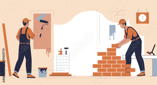Two construction workers building a brick wall.