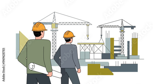 Two construction workers observing a building site.