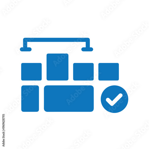 Blue dashboard layout with checkmark indicating completion or success on a white background.