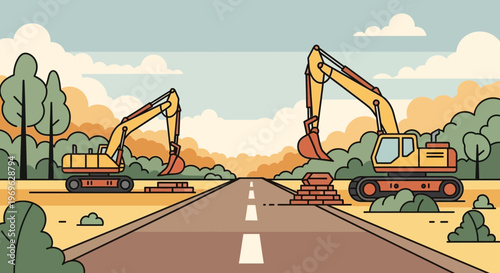 Two excavators working on road construction site.