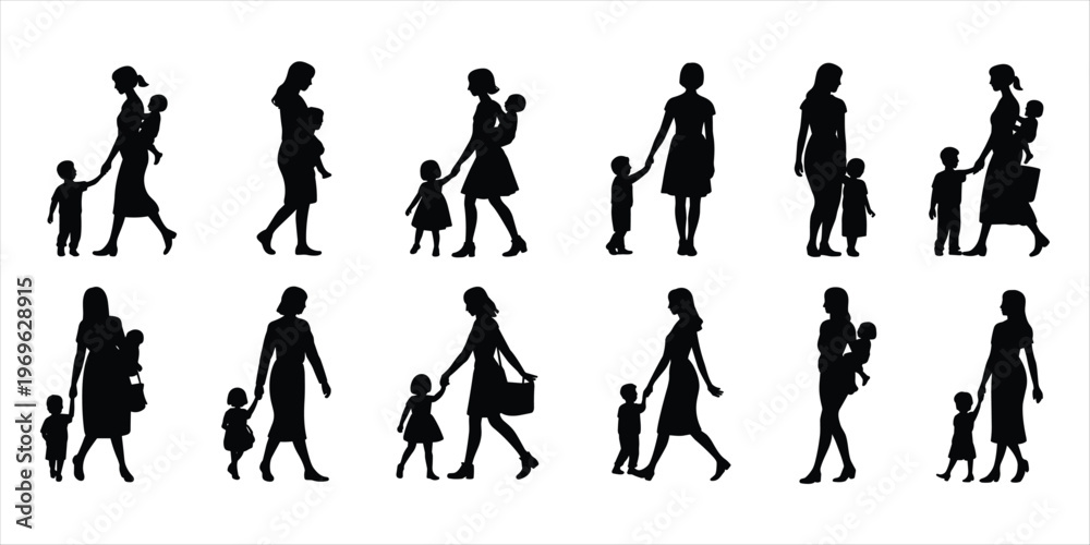 Fototapeta premium Diverse Silhouettes of Mothers Carrying and Walking with Children baby family