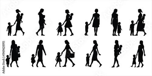 Diverse Silhouettes of Mothers Carrying and Walking with Children baby family