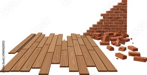 Construction site with damaged brick wall and wooden flooring being renovated