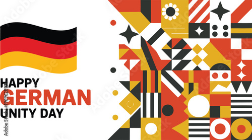 Happy German Unity Day Vector Illustration Featuring Waving Germany Flag And Modern Bauhaus Style Geometric Abstract Mosaic Pattern Graphic Design