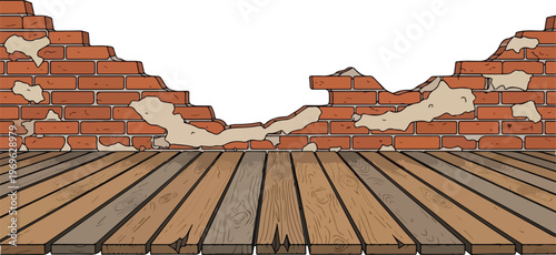 Broken brick wall with weathered wooden floorboards, vintage textured background with copy space for text and design