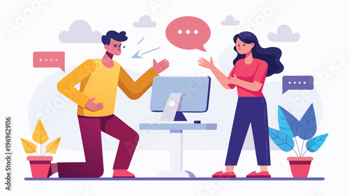 People engage in conversation about work at a desk with plants around them during daytime