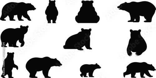 Nine black silhouette illustrations of bears in different poses animal wildlife