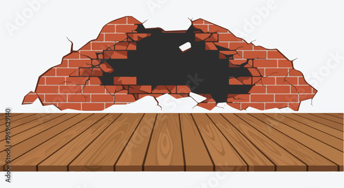 Broken brick wall with hole revealing darkness and wooden floor illustration
