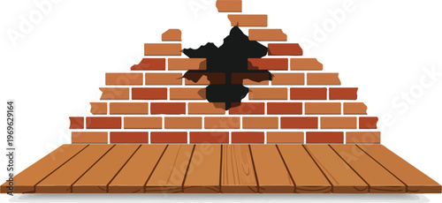 Damaged Brick Wall with Hole, Construction Repair Needed