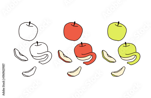 色ありと白黒のリンゴのイラストセット
