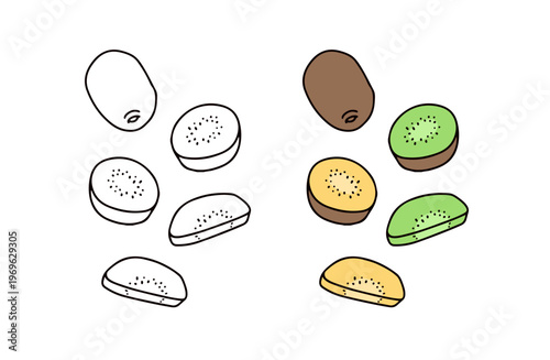 色ありと白黒のグリーンキウイとゴールドキウイのイラストセット