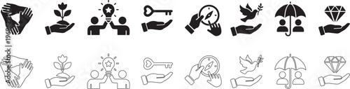 Charity hands icon set representing teamwork, growth, ideas, key, navigation, peace, protection, and value. Friendship logo. Vector illustration.