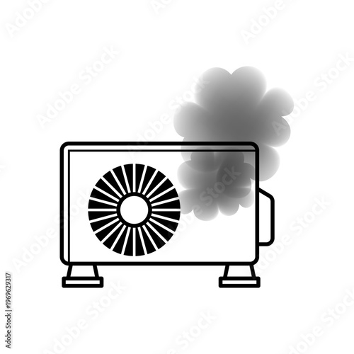 Smoking Outdoor Air Conditioner Unit Front View, Overheating and Fire Risk Warning Illustration