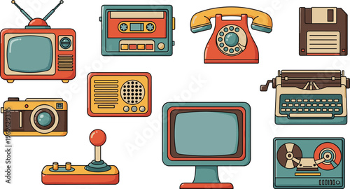 Vintage Technology Icon Set Retro TV Radio Camera Telephone Typewriter Vector