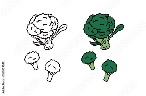 色ありと白黒のブロッコリーのイラストセット