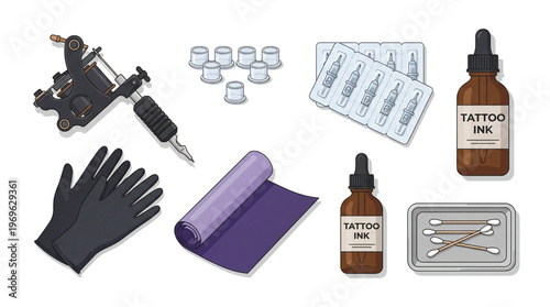 Tattoo Artist Equipment and Ink Setup Professional Vector Set