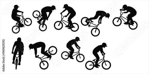 Set of black BMX rider silhouettes performing stunts on white background Keywords: BMX, bicycle, bike, rider, cyclist