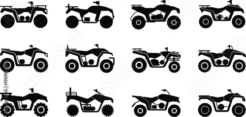 Set Of Twelve Black Silhouettes Of All Terrain Vehicles On White Background quad bike four wheeler