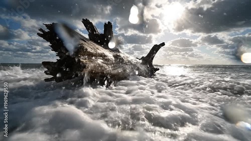 Weathered driftwood on rocky shore with ocean waves and dramatic sky