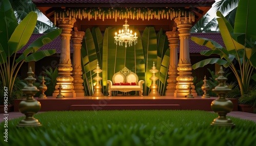 South Indian temple style indian wedding stage decoration with banana leaves and brass lamps