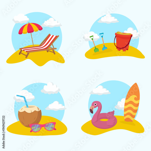 Summer beach elements set with sunbed, sand toys, coconut and flamingo float holiday beach compositions on sand islands