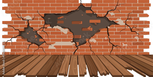 Cracked brick wall with damaged wooden floor illustration in cartoon style