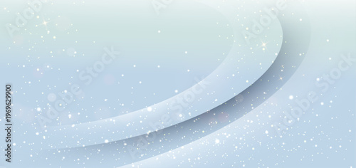 淡いブルーグラデーションに舞う光の粒子と柔らかな曲線が幻想的な空間を演出するドリーミーな抽象背景