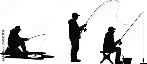 Silhouettes of three fishermen with fishing rods on white background fisherman reel