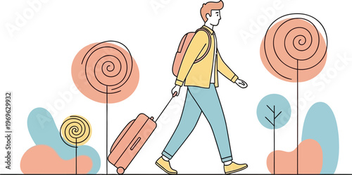 Man with luggage walking on a path with stylized trees and round decorative elements in a minimalist style