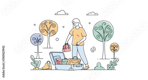 Woman packing luggage for an exciting outdoor adventure, preparing for a trip