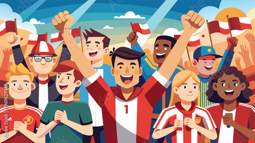 Crowd cheers at a sports event in a stadium with fans showing support with flags and team colors