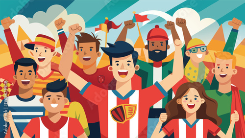 Fans celebrate in a stadium during a soccer match with colorful outfits and team symbols