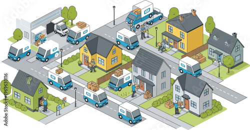 Delivery trucks bringing packages to suburban homes