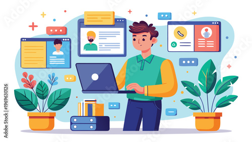 Person working on laptop with online profiles in background near houseplants in bright space during day