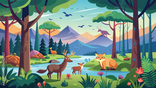 Wildlife scene in a forest with animals near a river during daytime in a peaceful natural setting