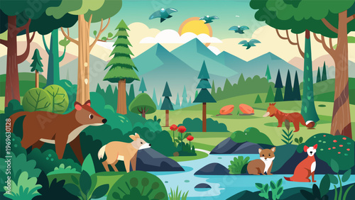 Animals and nature come together in a peaceful forest scene with streams, mountains, and colorful plants during the day