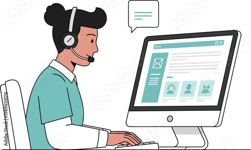Customer service agent working on computer with headset