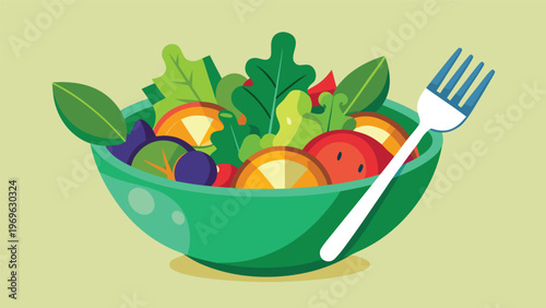 Fresh salad with various vegetables in a green bowl ready to eat