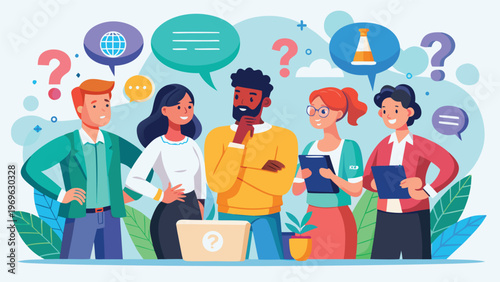 Team of diverse people discussing ideas in an office setting with speech bubbles showing various symbols in the background