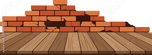 A rustic wooden table in front of a crumbling brick wall with visible damage and a clear sky