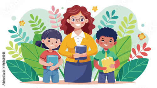 Group of children with teacher holding books in a colorful garden during a learning session in a school activity