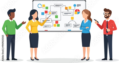 Business team presentation vector illustration with workflow planning and strategy discussion