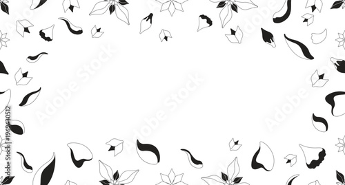 Floral petals black and white border copy-space. Spring bloom. Seamless repeat pattern frame. Flat line graphic composition with copyspace center. Outline vector background with scattered elements