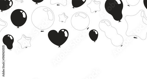 Balloons party black and white top border. Star baloons. Seamless upper frame with line art pattern. Flat 2D graphic with falling composition. Copy space overlay repeat. Horizontal header divider