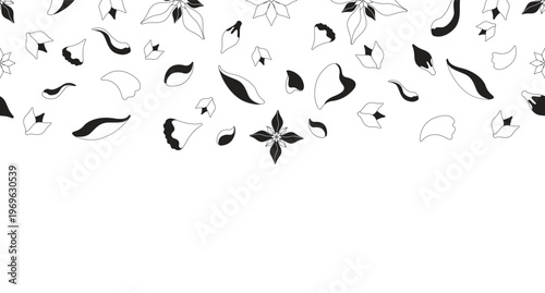 Floral petals black and white top border. Spring bloom. Seamless upper frame with line art pattern. Flat 2D graphic with falling composition. Copy space overlay repeat. Horizontal header divider