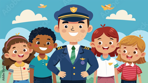 Children smile with a pilot wearing a uniform in a colorful scene with clouds and planes in the background during daytime