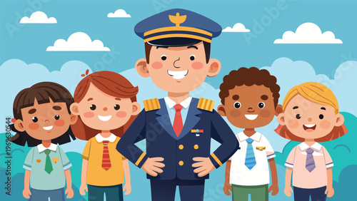 Kids smiling with a pilot in a sunny outdoor setting during a cheerful gathering at an aviation event